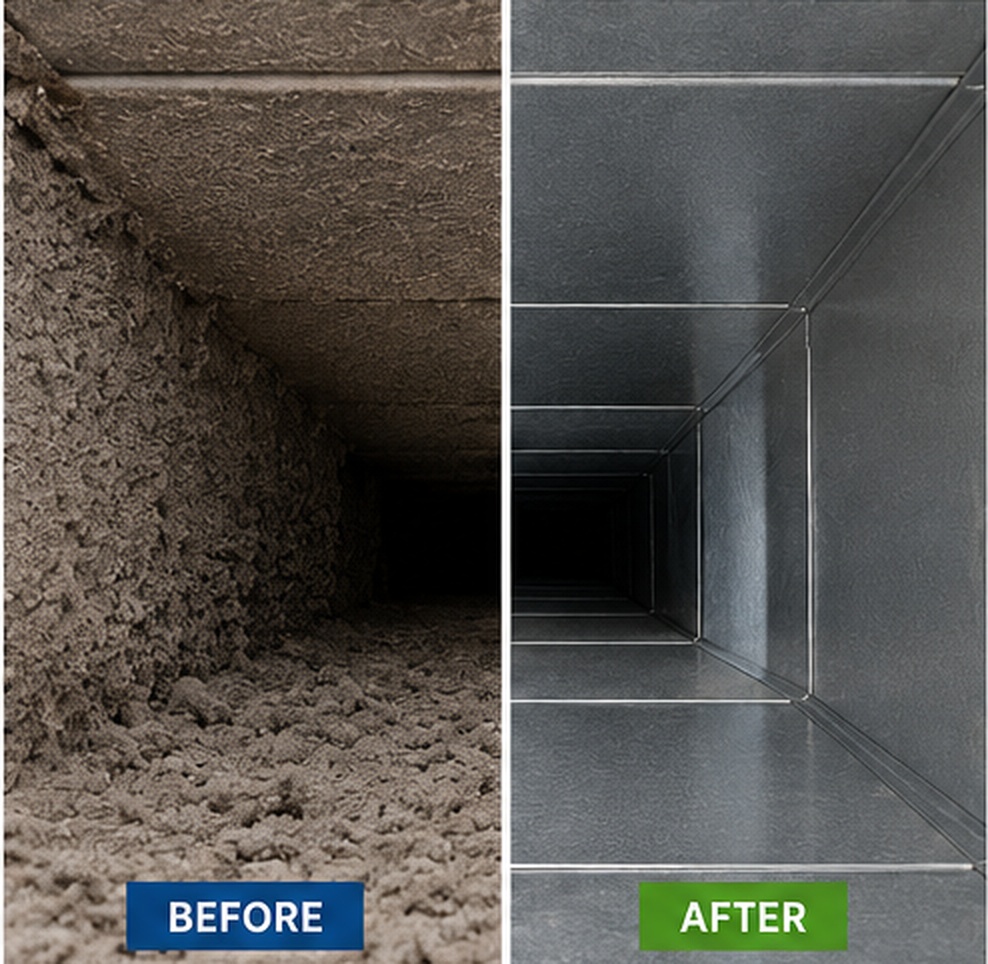 Before and after photo of a Fairfield, CT air duct cleaned by Faircoast Air Duct Cleaning