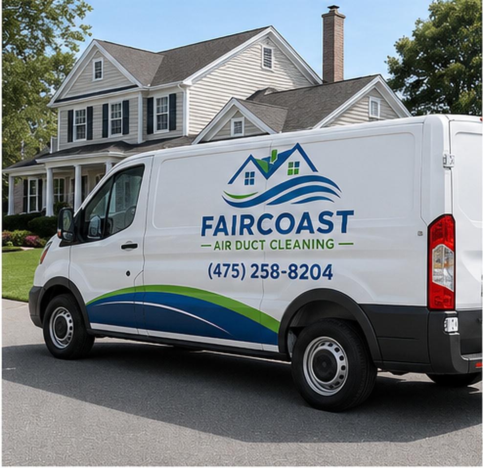 Faircoast Air Duct Cleaning service van parked outside a home in Fairfield, CT
