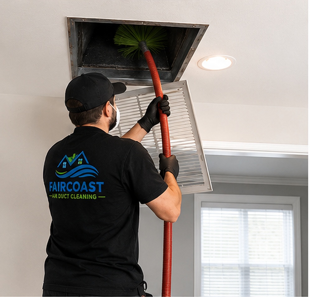 Faircoast Air Duct Cleaning technician servicing a ceiling air vent in a Fairfield, CT home