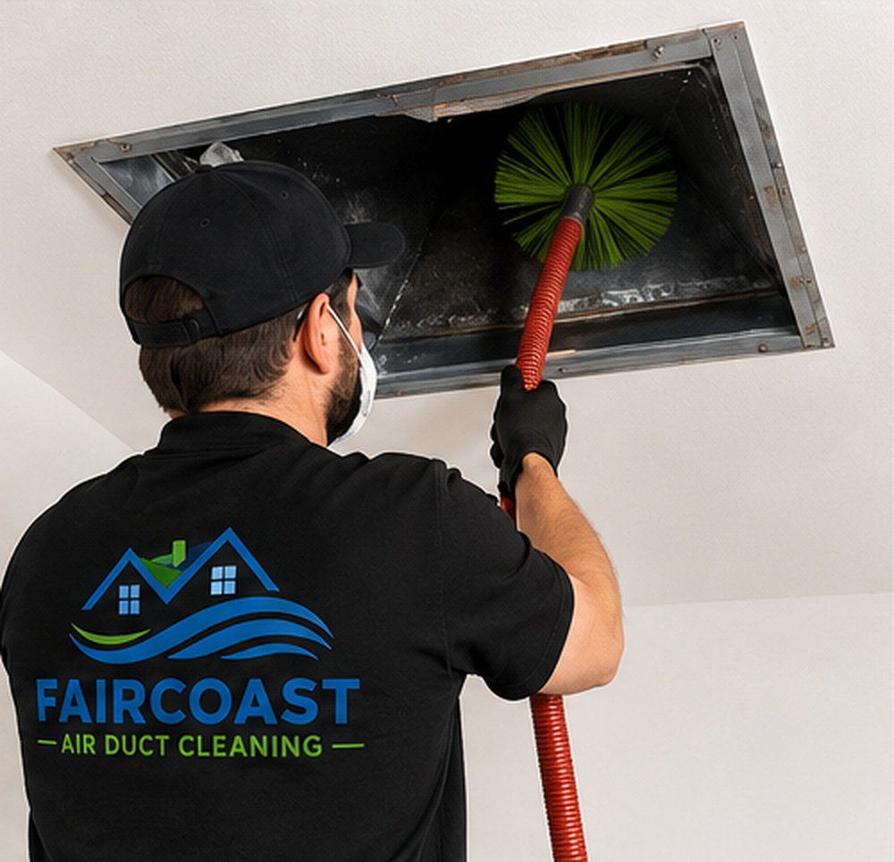 Faircoast technician performing sanitizing treatment on an air duct system in Fairfield, CT
